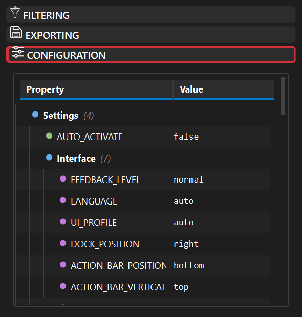 The Configuration tab showing the settings tree