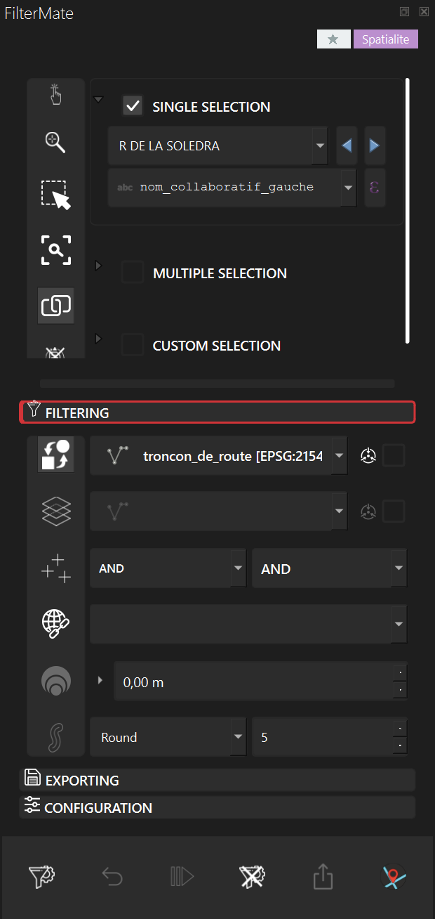 The whole FilterMate panel with the Filtering tab open