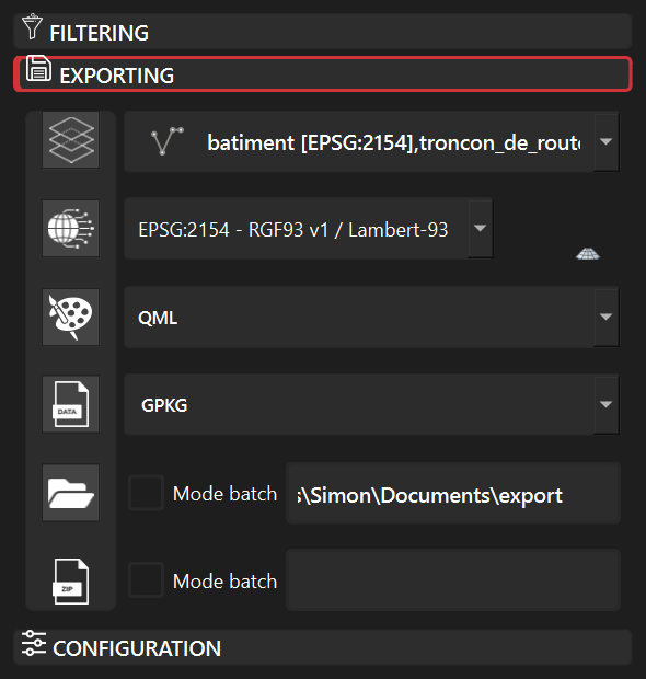 The Exporting tab