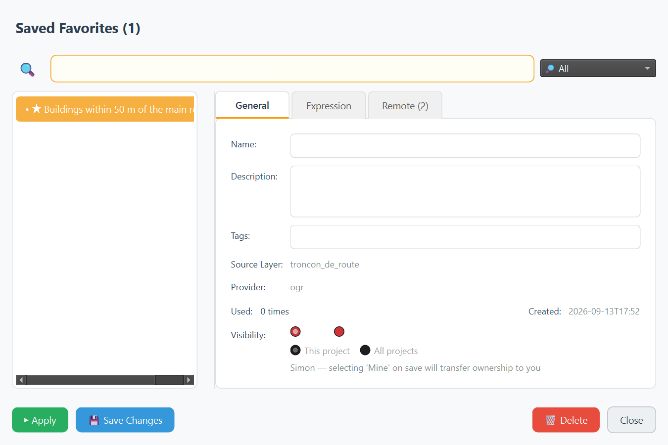The favorites manager dialog with the General tab