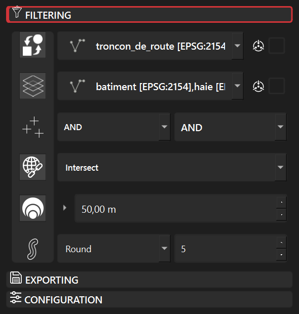 The Filtering tab with target layers, predicate and buffer set