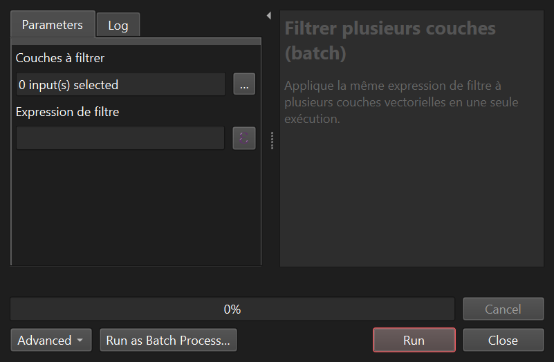 The batch filter algorithm dialog in the Processing Toolbox