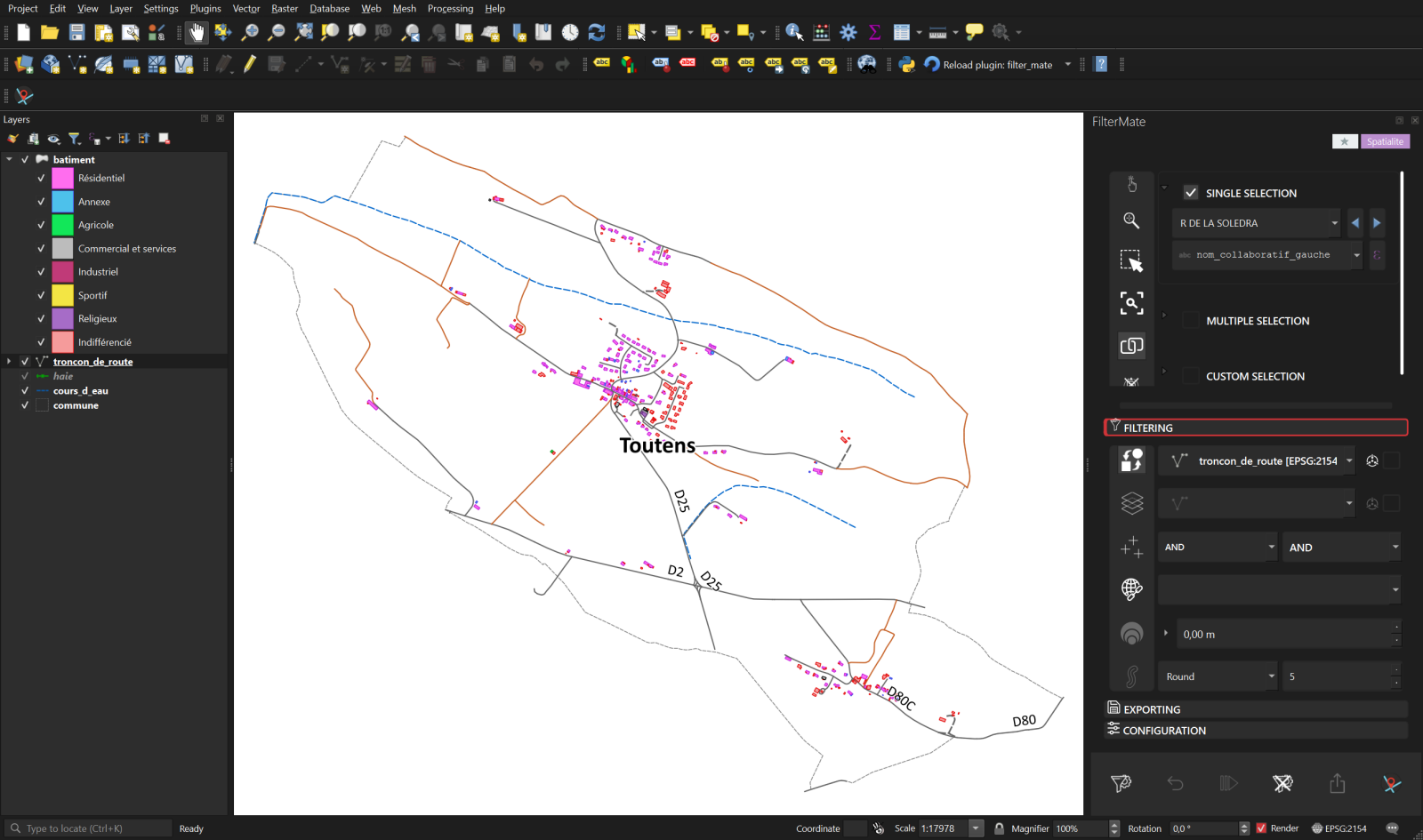 QGIS 4.2 with a small BD TOPO project and the FilterMate panel docked on the right