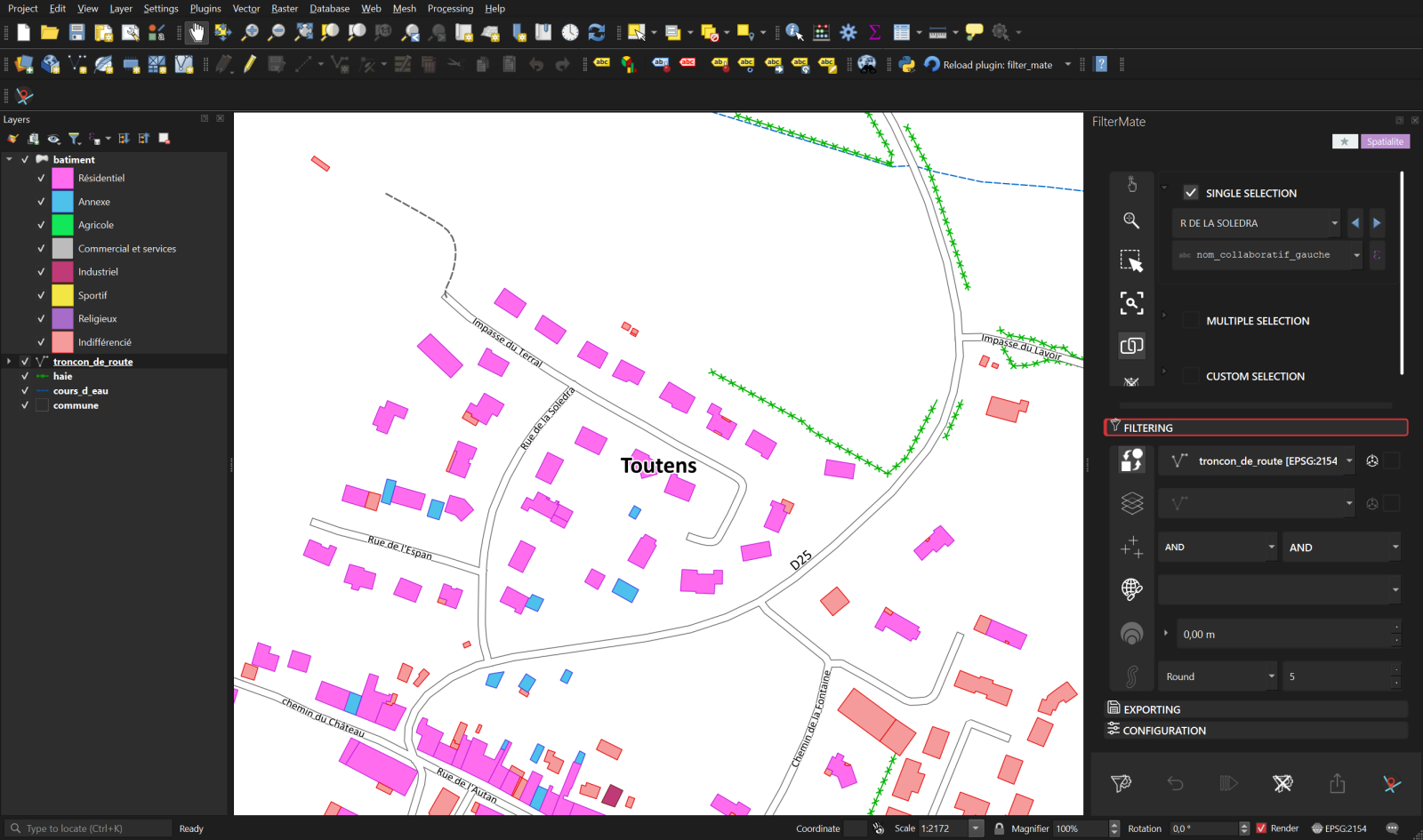 Step 2: the road is picked in the single-selection drop-down and highlighted in yellow on the map