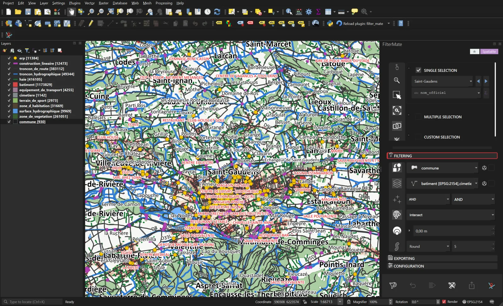 Step 2: the Layers to filter row lists the 12 target layers, Intersect is ticked
