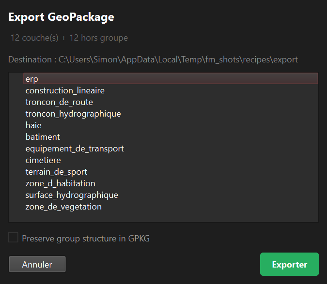 GeoPackage export recap dialog listing the layers and the keep-groups option