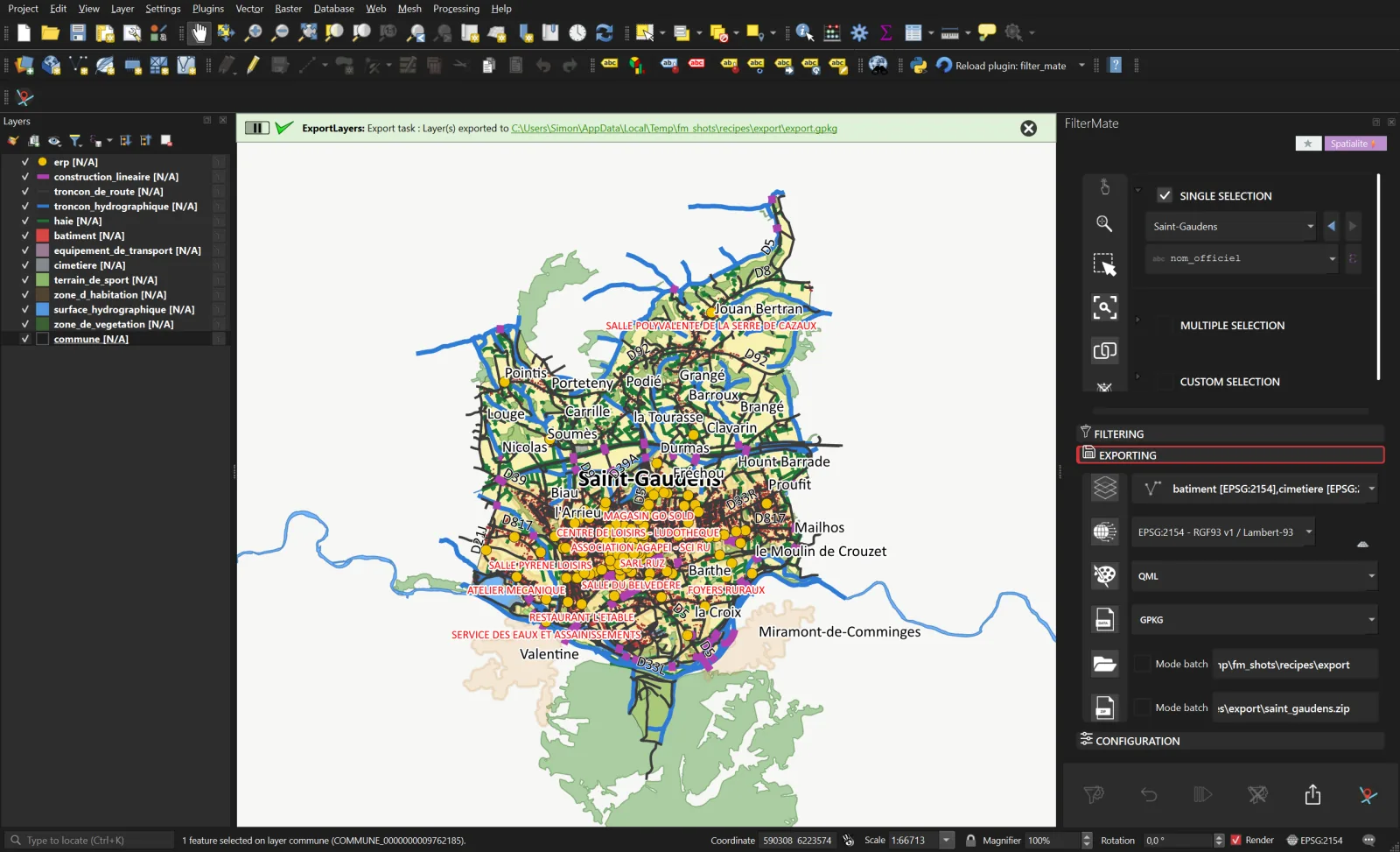 Step 5: the message bar confirms the export, the map is unchanged