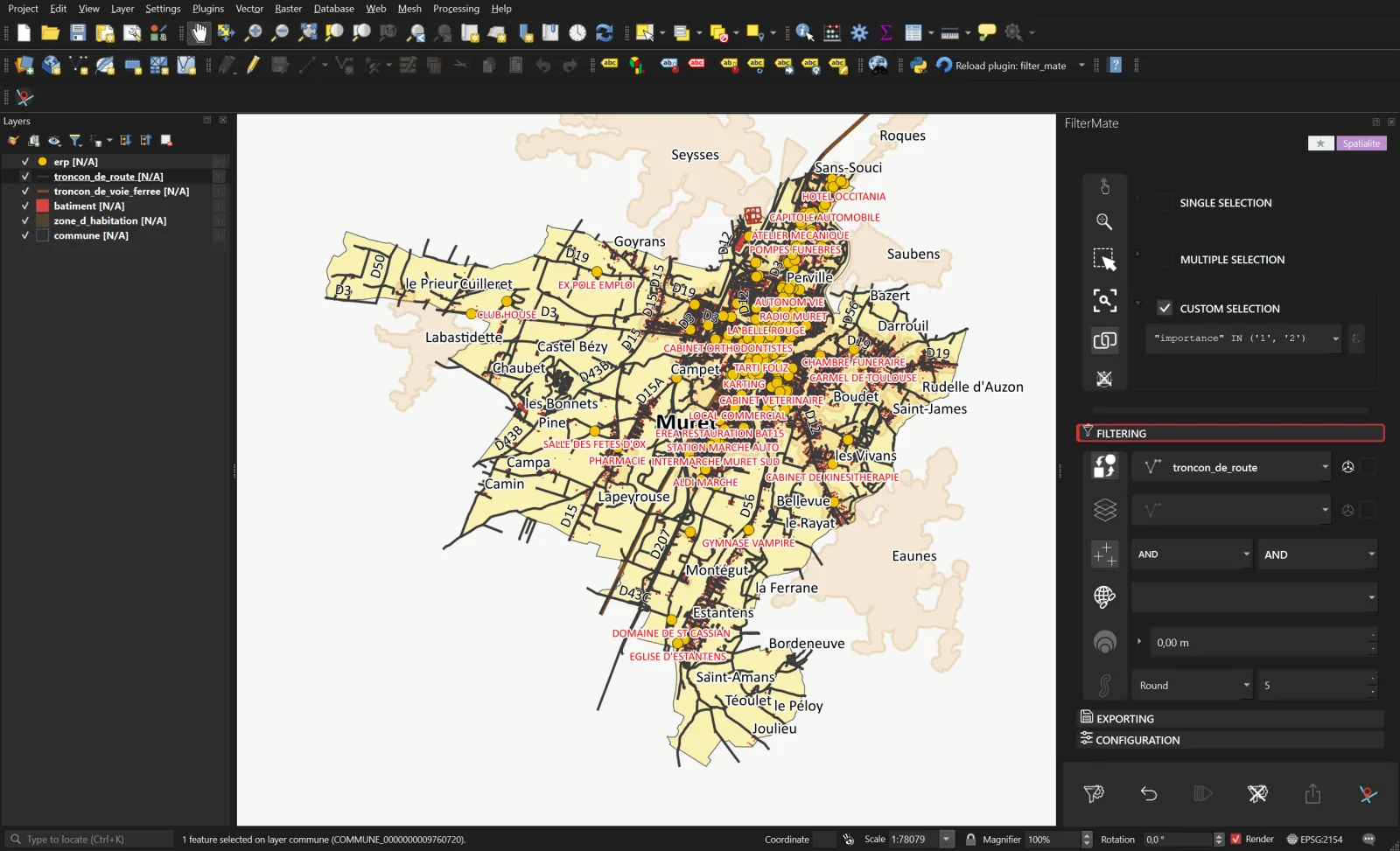 Step 2: the custom expression keeps the 102 segments of importance 1 and 2, highlighted in yellow