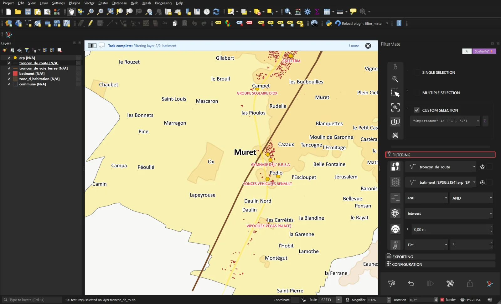 Step 4b: zoom on the A64, the 300 m band shows in the distribution of buildings