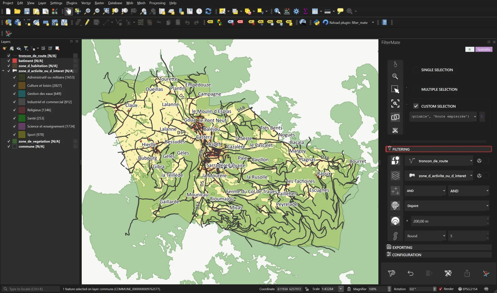 Step 3: Disjoint ticked, 200 m buffer, AND operator for the target layers