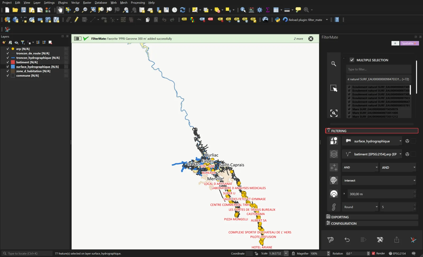 Step 1: the message bar confirms that the PPRI Garonne 300 m favorite was added