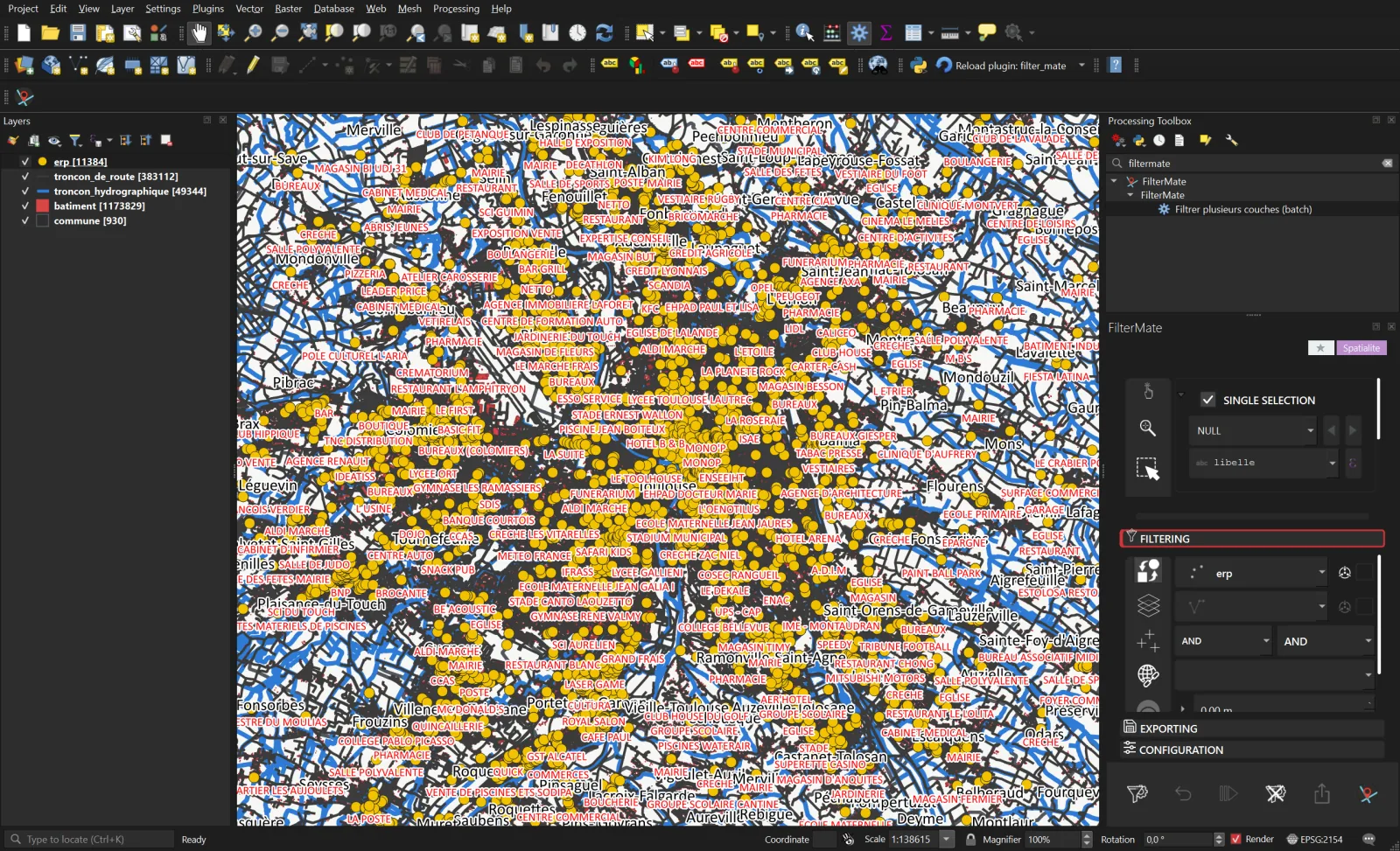 Step 1: the Processing toolbox filtered on filtermate shows the Filter multiple layers algorithm