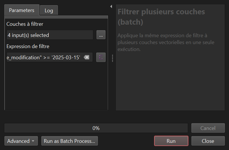 The algorithm dialog with four layers and the expression on the modification date