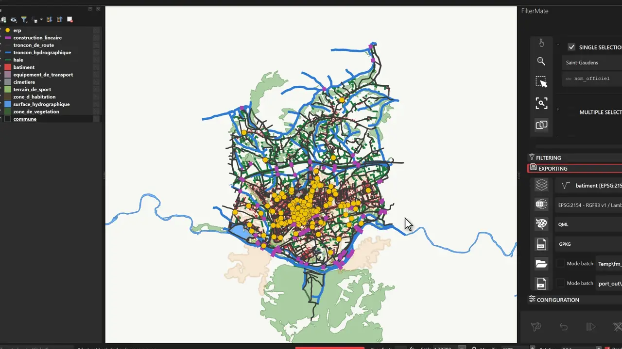 QGIS map of Saint-Gaudens filtered from the complete department